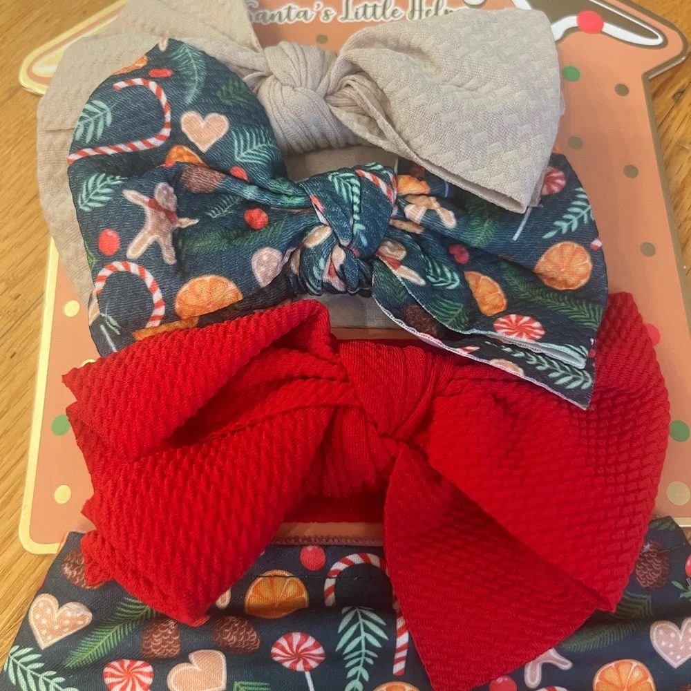 Festive Kids 3 Bandana bibs and 3 Bow Set - Red, Gray, and Multicolor